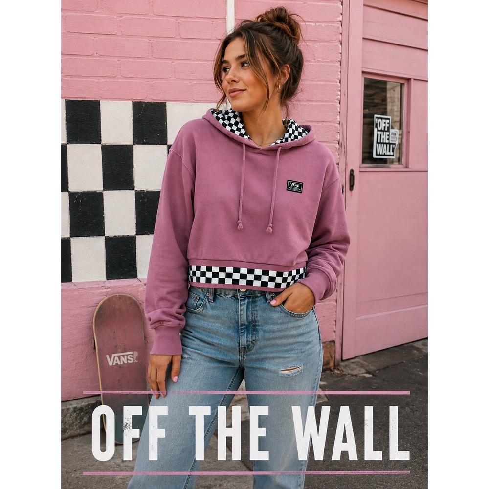 Vans Dusty Mauve Cropped Hoodie Small Checkerboard Trim Y2K Skater Streetwear